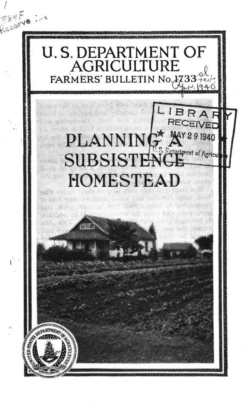 Cover of U.S. Department of Agriculture Farmers’ Bulletin No. 1733, Planning a Subsistence Homestead, with a photograph of a farmhouse behind a cultivated garden